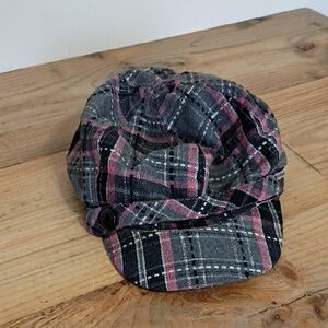 Woman's Gray & Pink Plaid Cabbie Newsboy Cap Hat